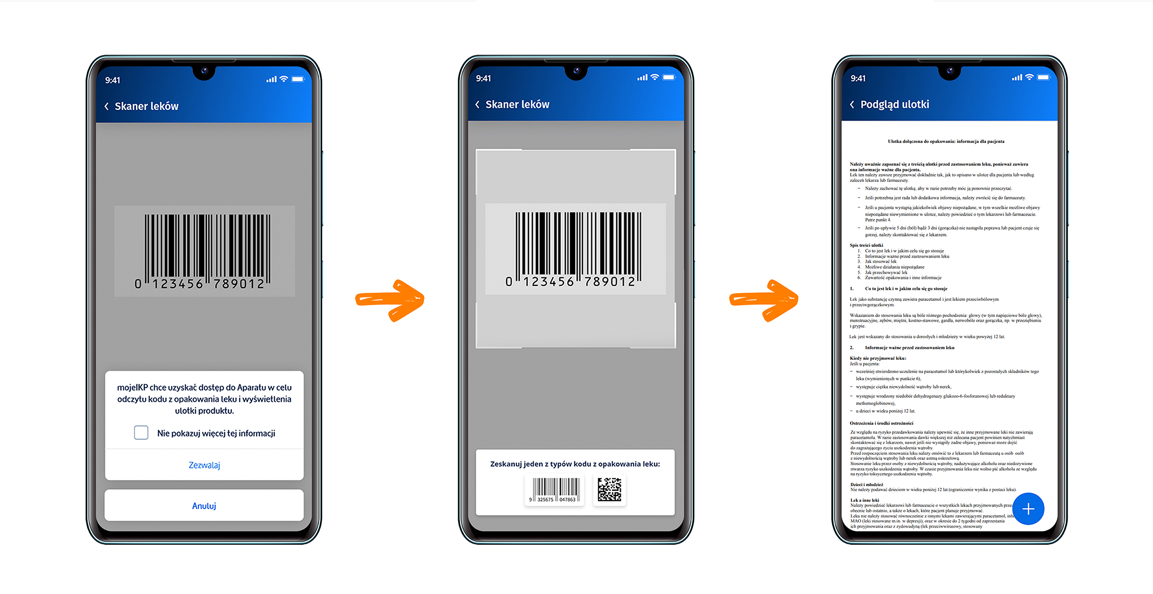Zrzuty kolejnych ekranu, które pojawiają się przy uruchomieniu skanera leków