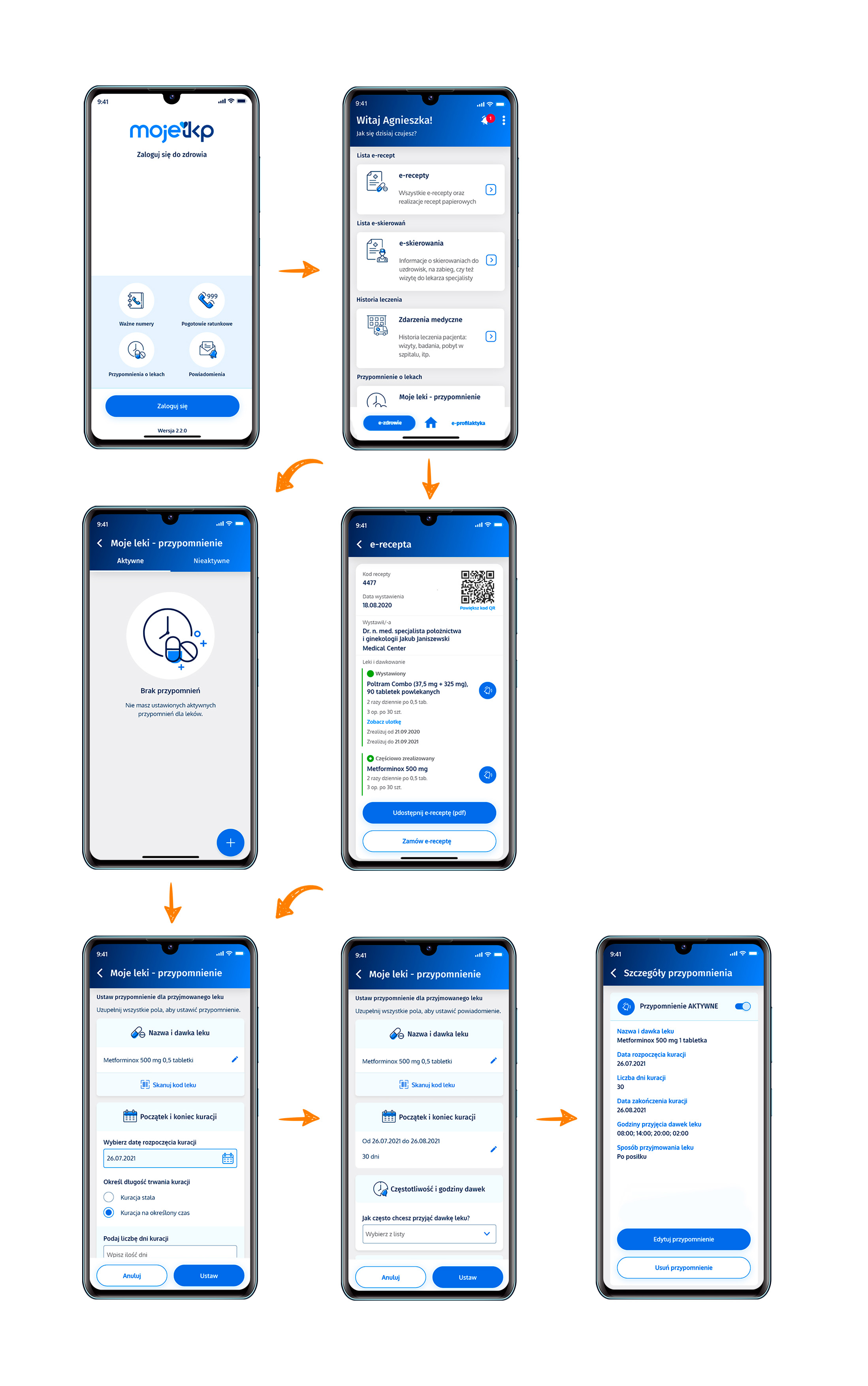 Ciąg ekranów pokazujących krok po kroku ustawienie przypomnienia