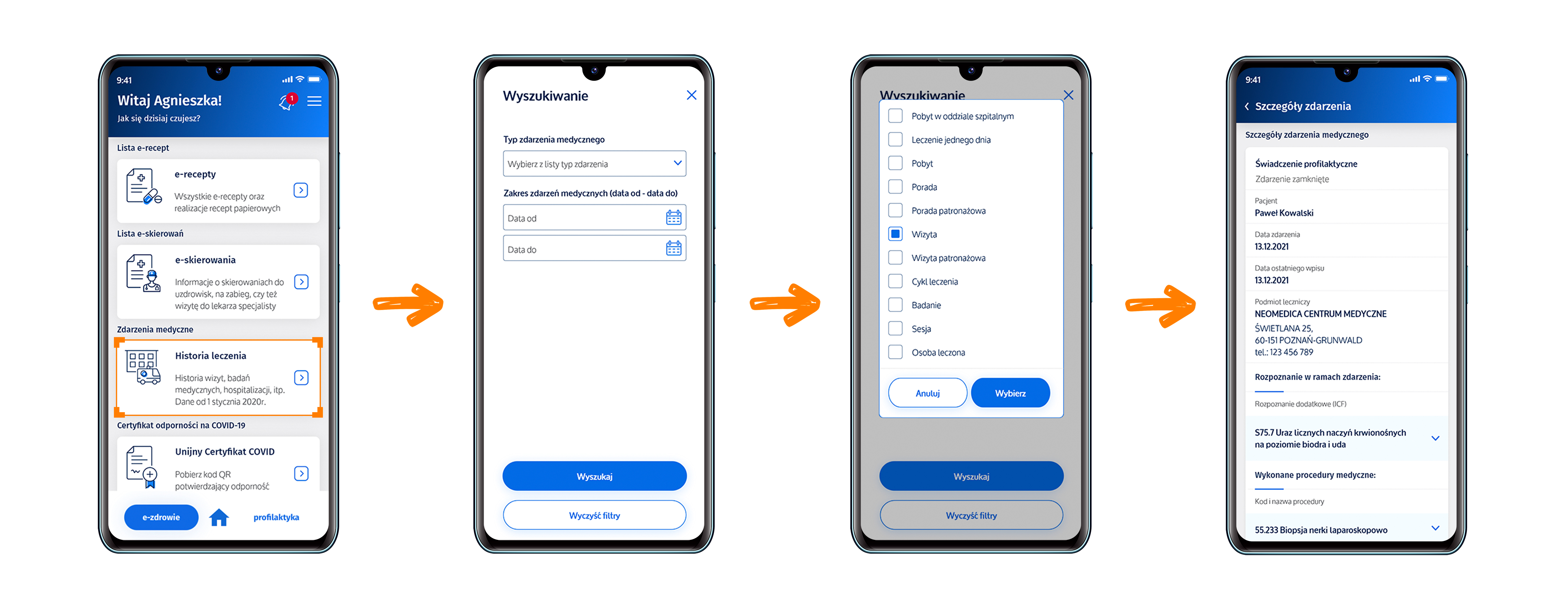 Ciąg ekranów pokazujących jak działa usługa.